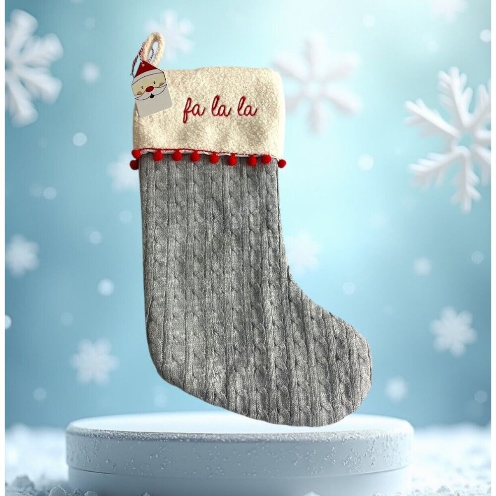 “Fa La La” Christmas Stocking Gray Sweater Cable Knit Pom Poms 22"  RGI  NEW